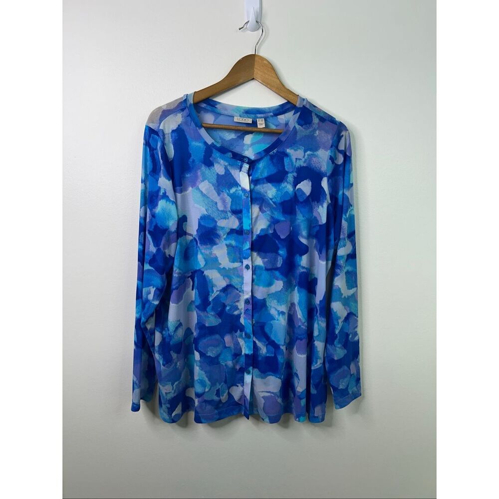 LOGO by Lori Goldstein Women’s Top 1X Blue Sheer Button Front Blouse Long Sleeve